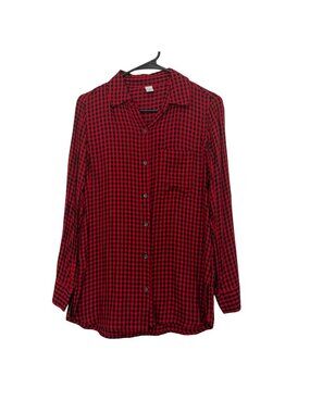 Old Navy Womens Red & Black Plaid Button-Up Tunic Shirt SZ XS Long Sleeve Casual